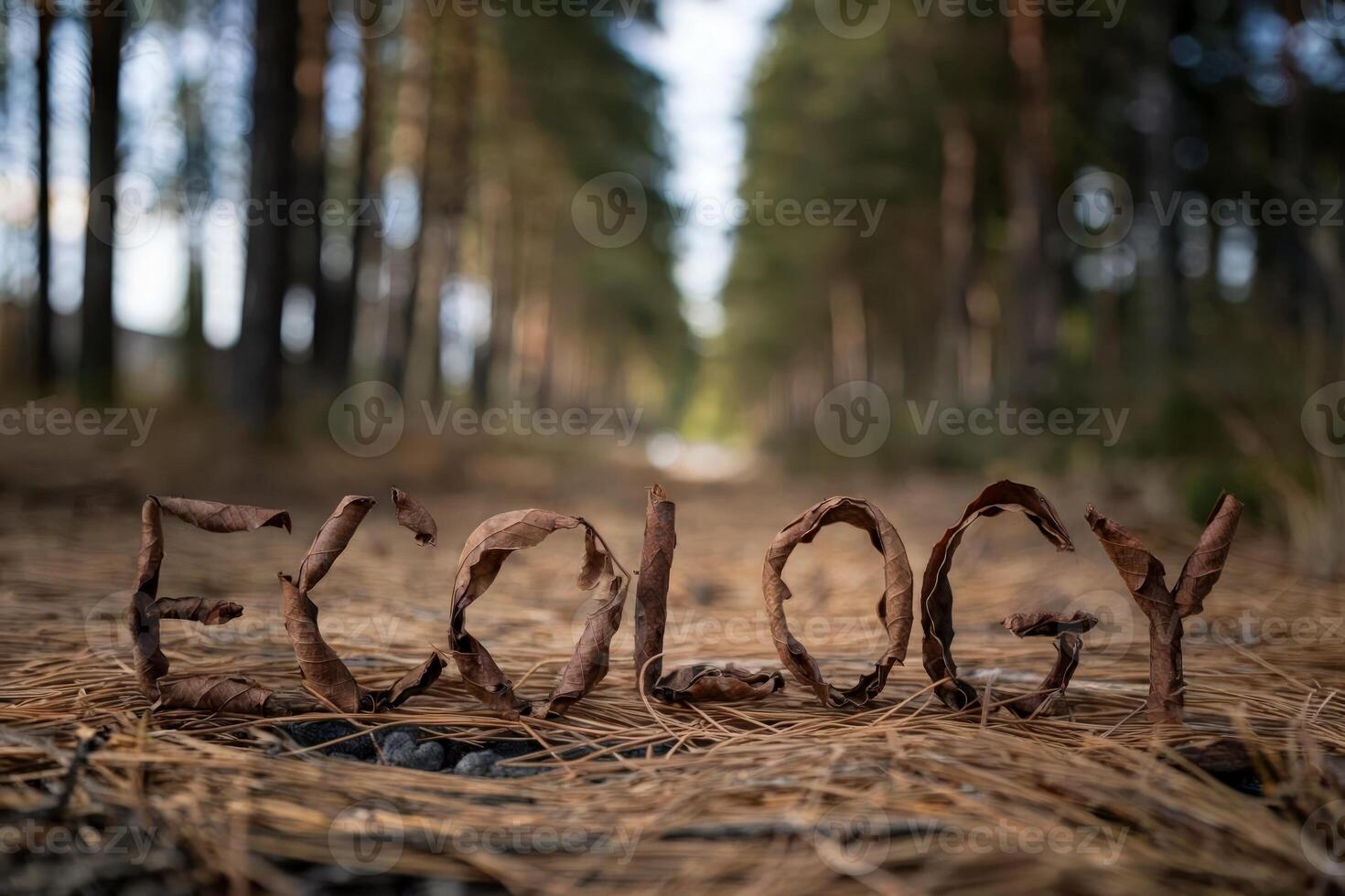 The word 'Ecology' made of dry leaves in a serene forest path. photo