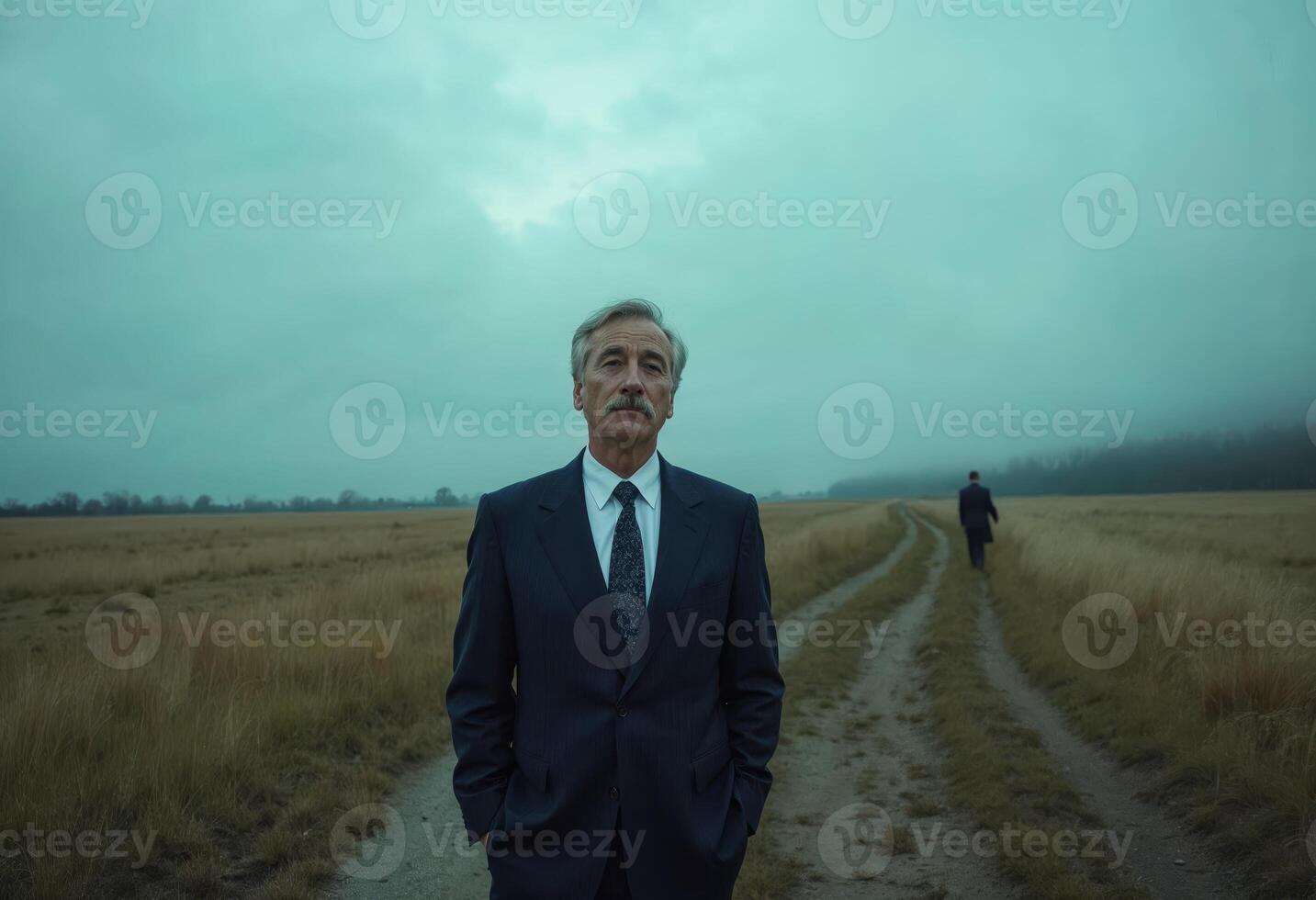 Older man in a suit standing in a foggy field, another figure in the distance. photo