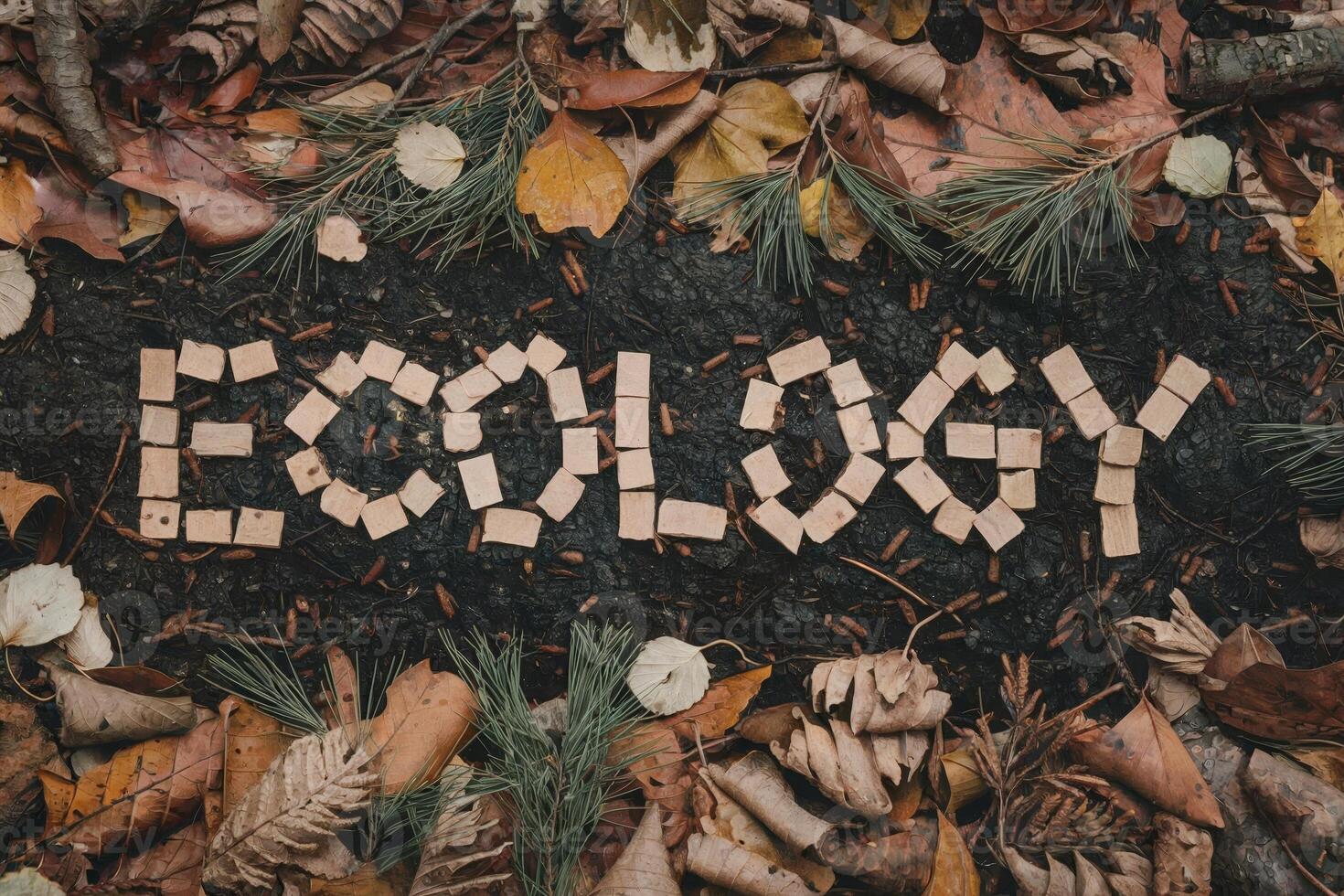 Ecology message created with wooden blocks surrounded by autumn leaves. photo