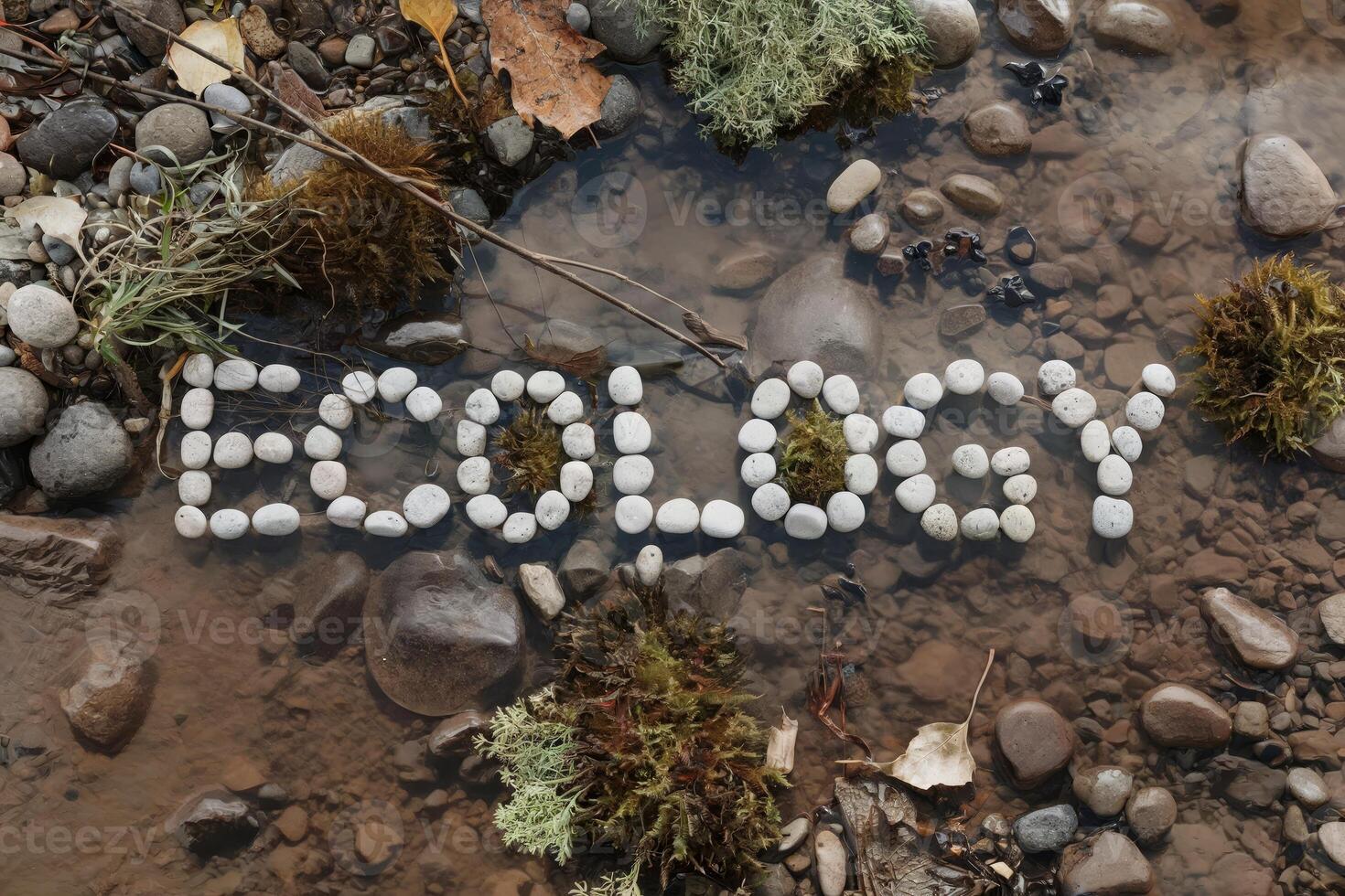 The word 'ECOLOGY' spelled out with stones in a natural stream setting. photo