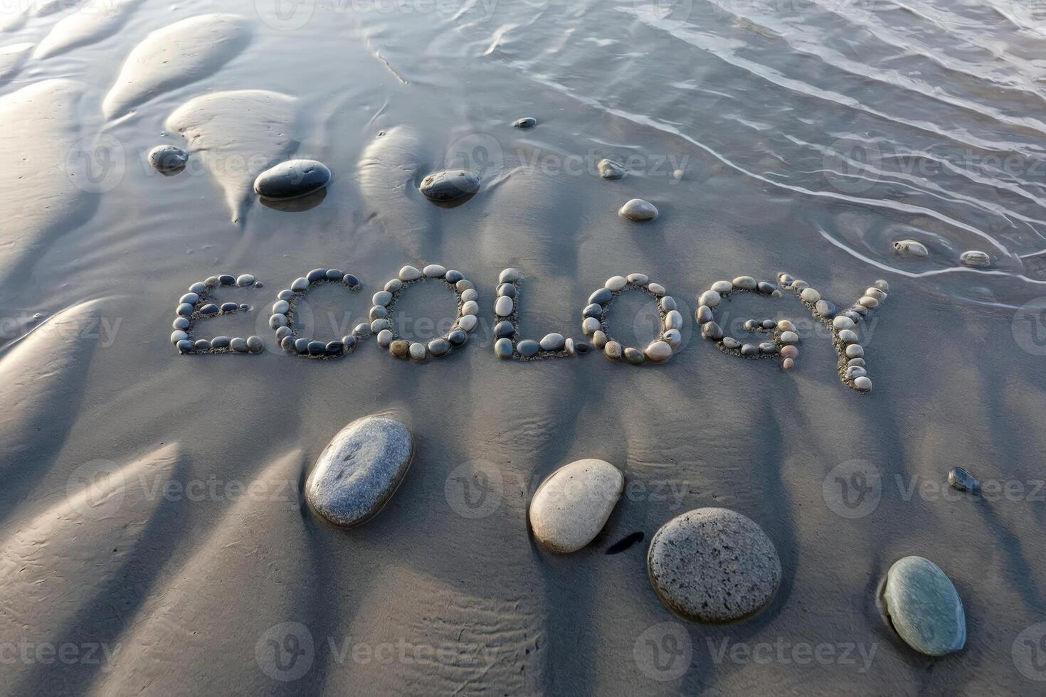 Pebbles forming the word 'Ecology' on a wet sandy beach. photo