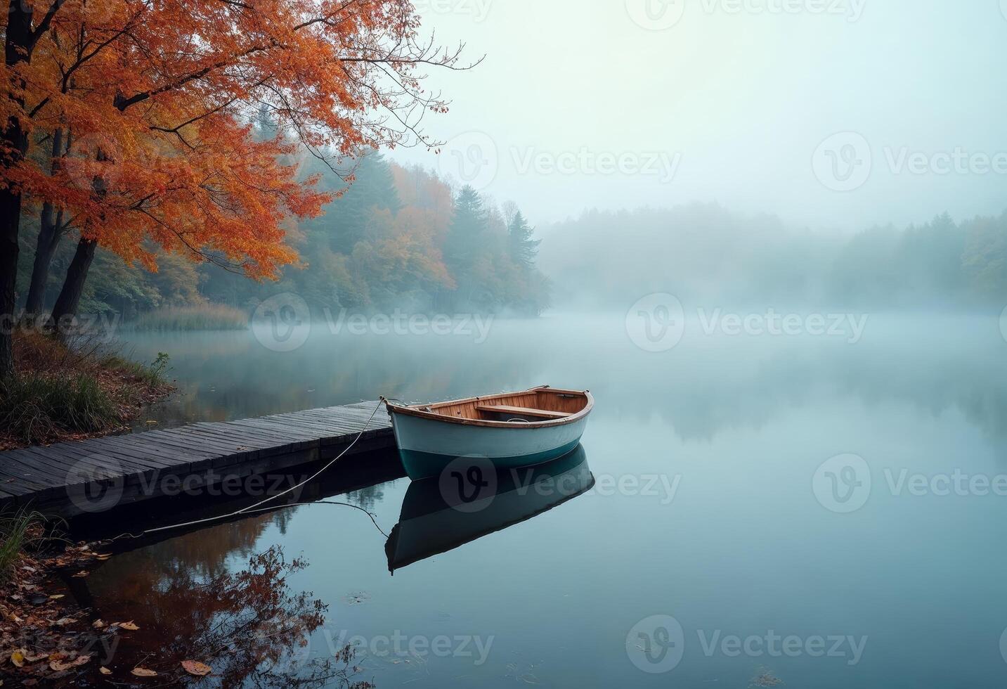 A serene lake with a small boat tied to a wooden dock in misty autumn morning. photo