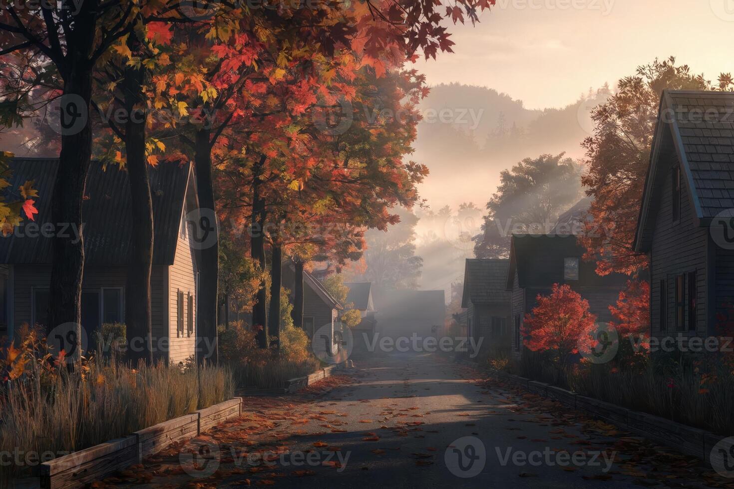 Serene autumn morning in a quaint village with vibrant foliage and mist. photo