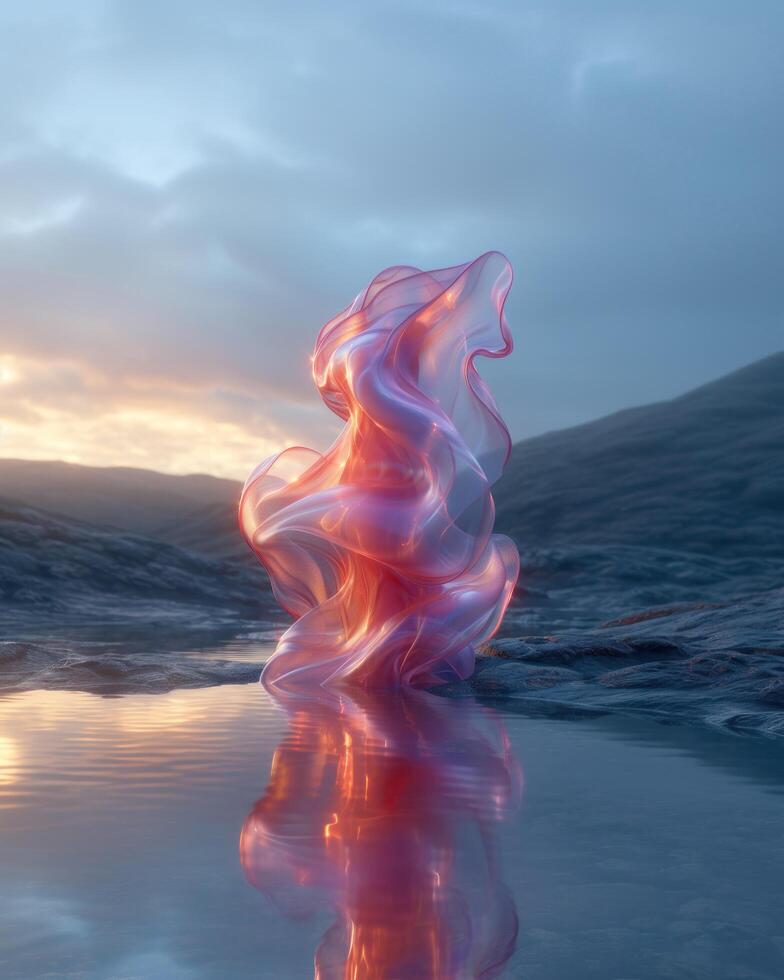 3D abstract silk isolation floating in pastel landscape. Futuristic cyberpunk hyper realism details reflective holographic flow silk over background. peaceful calm art background concept. photo