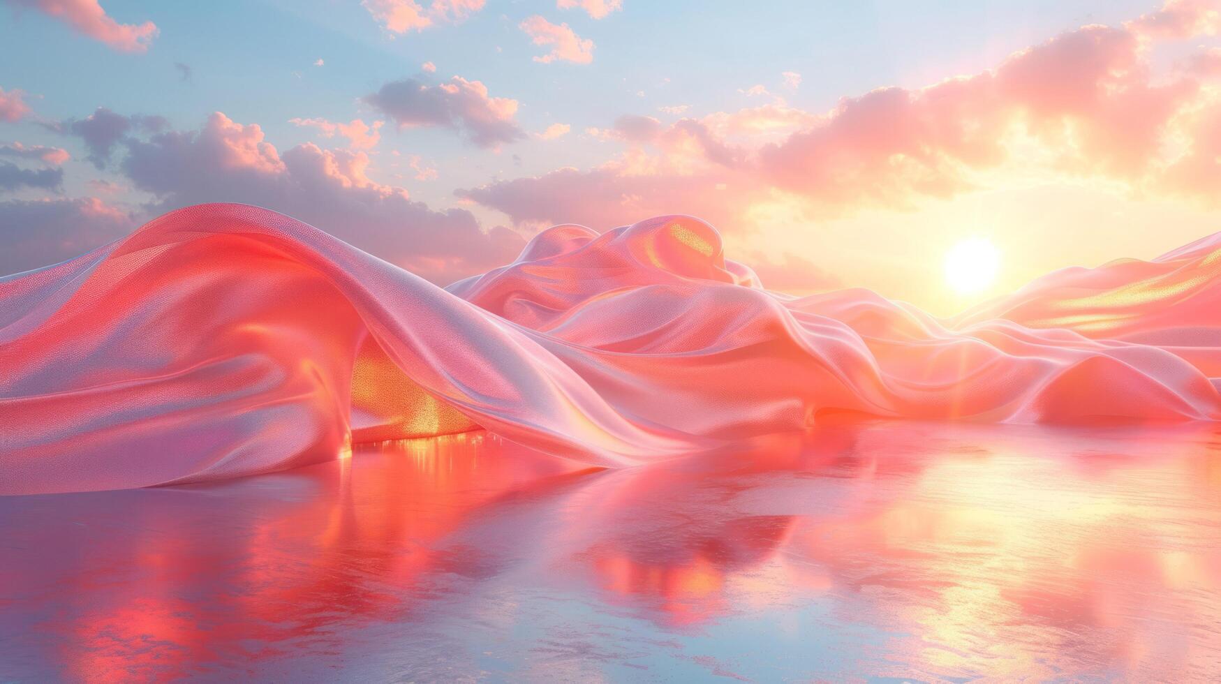 3D abstract silk cloth floating in pastel sunset landscape. Futuristic cyberpunk hyper realism details reflective holographic flow silk. peaceful calm background concept. photo