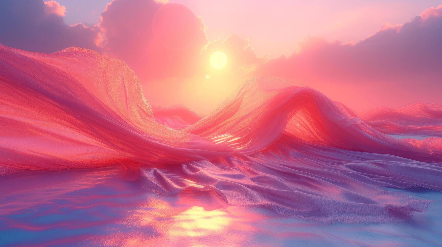 3D abstract silk cloth floating in pastel sunset landscape. Futuristic cyberpunk hyper realism details reflective holographic flow silk. peaceful calm background concept. photo