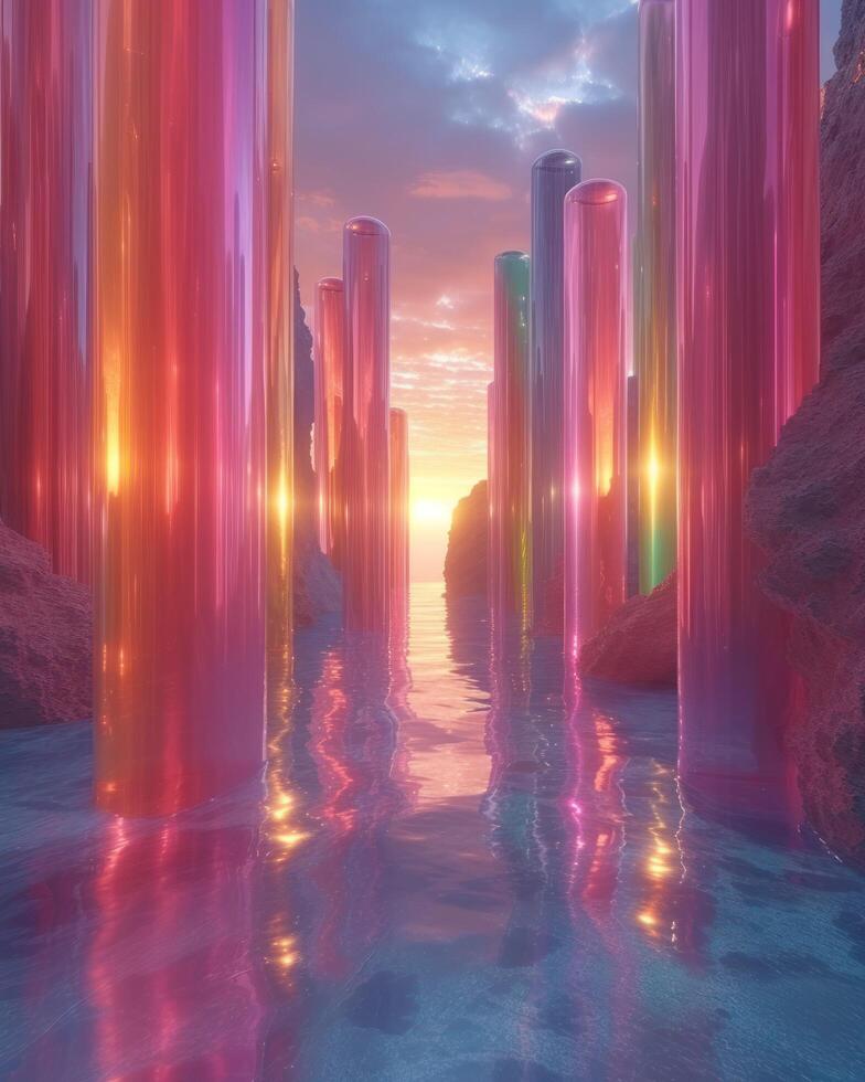 3D abstract glass cylinders silk flow style in the pastel sunset landscape. Futuristic cyberpunk hyper realism details reflective holographic. peaceful calm background concept. photo