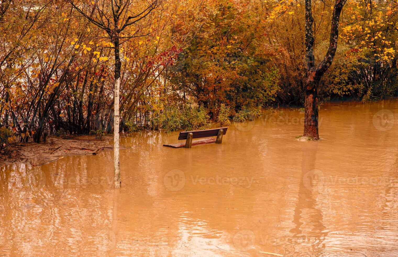Flooded park bench, submerged in water, autumn scenery, natural disaster concept photo