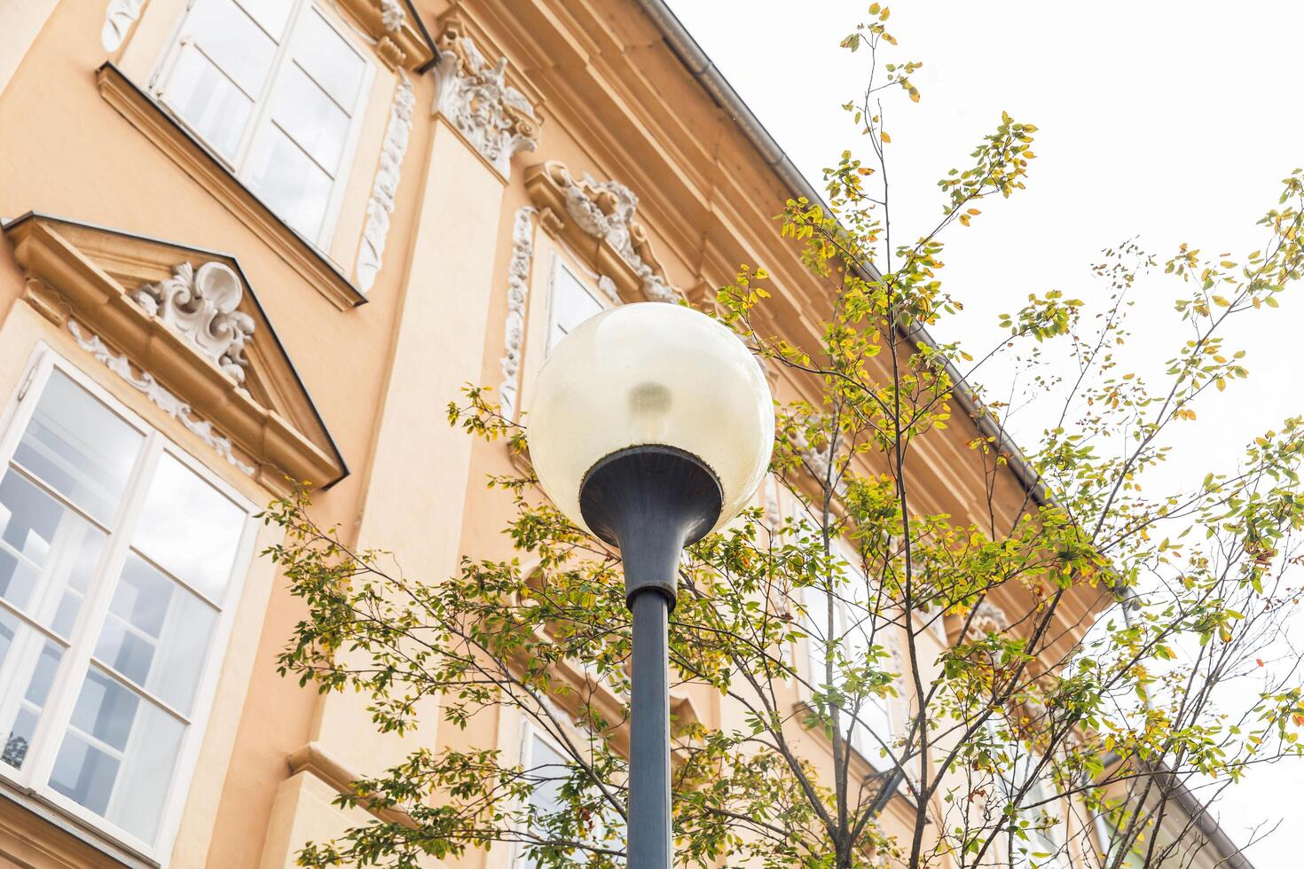 Street light in front of historical building, exterior view, architectural details, daylight scene, urban setting, concept photo