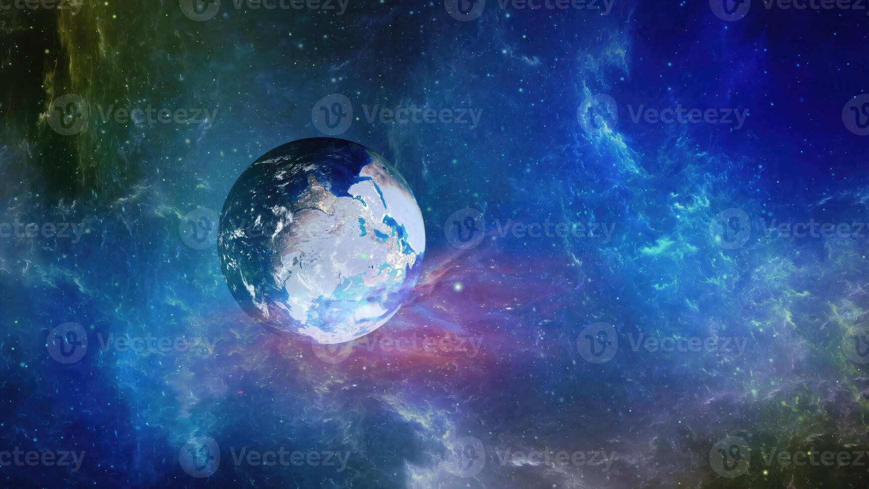 A stunning view of Earth in space amidst vibrant cosmic colors and swirling galaxies, capturing the beauty of our planet in the universe photo