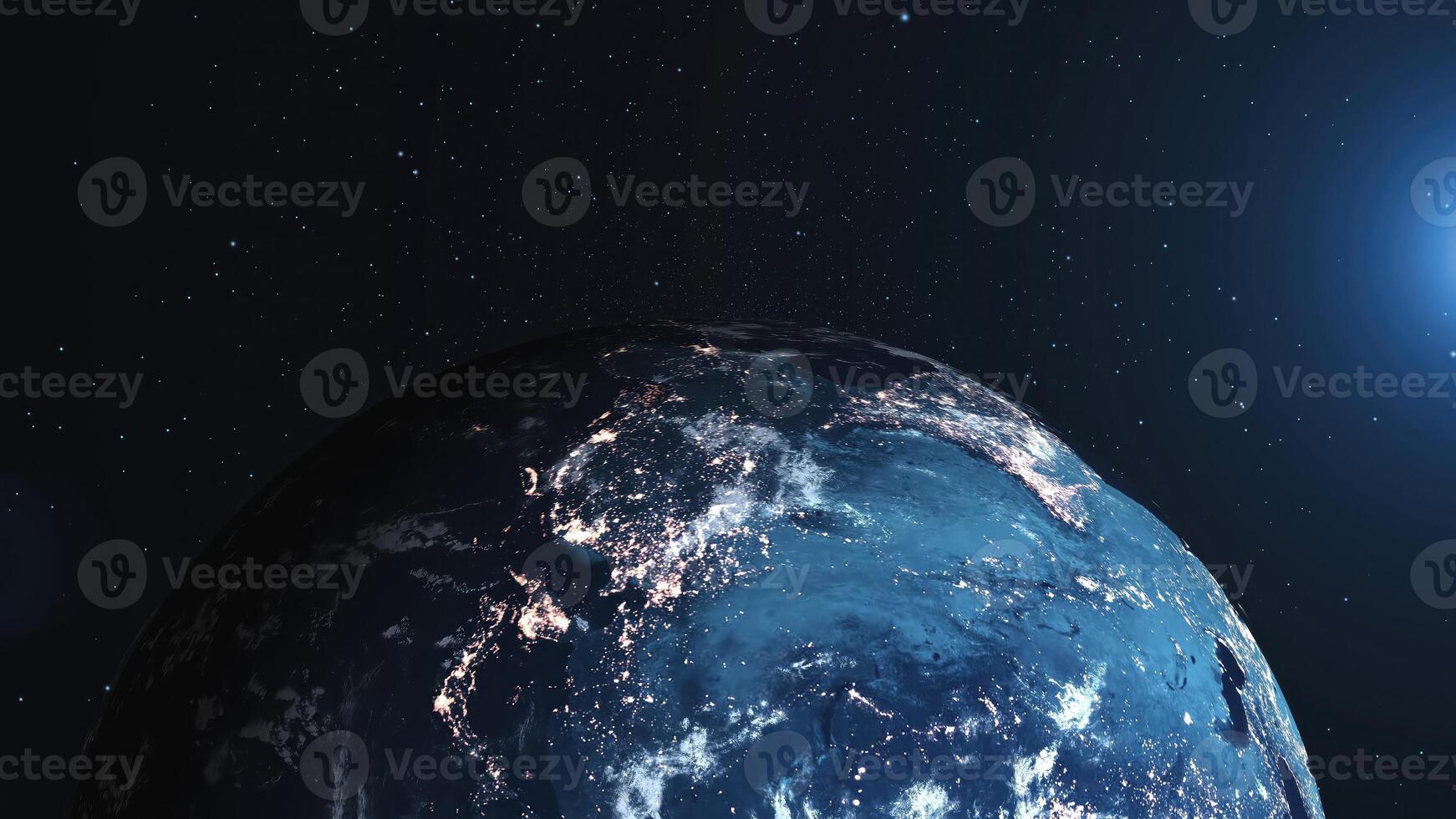 Detailed view of Earth from space showcasing bright city lights at night and the dazzling brightness of the sun illuminating the planet photo