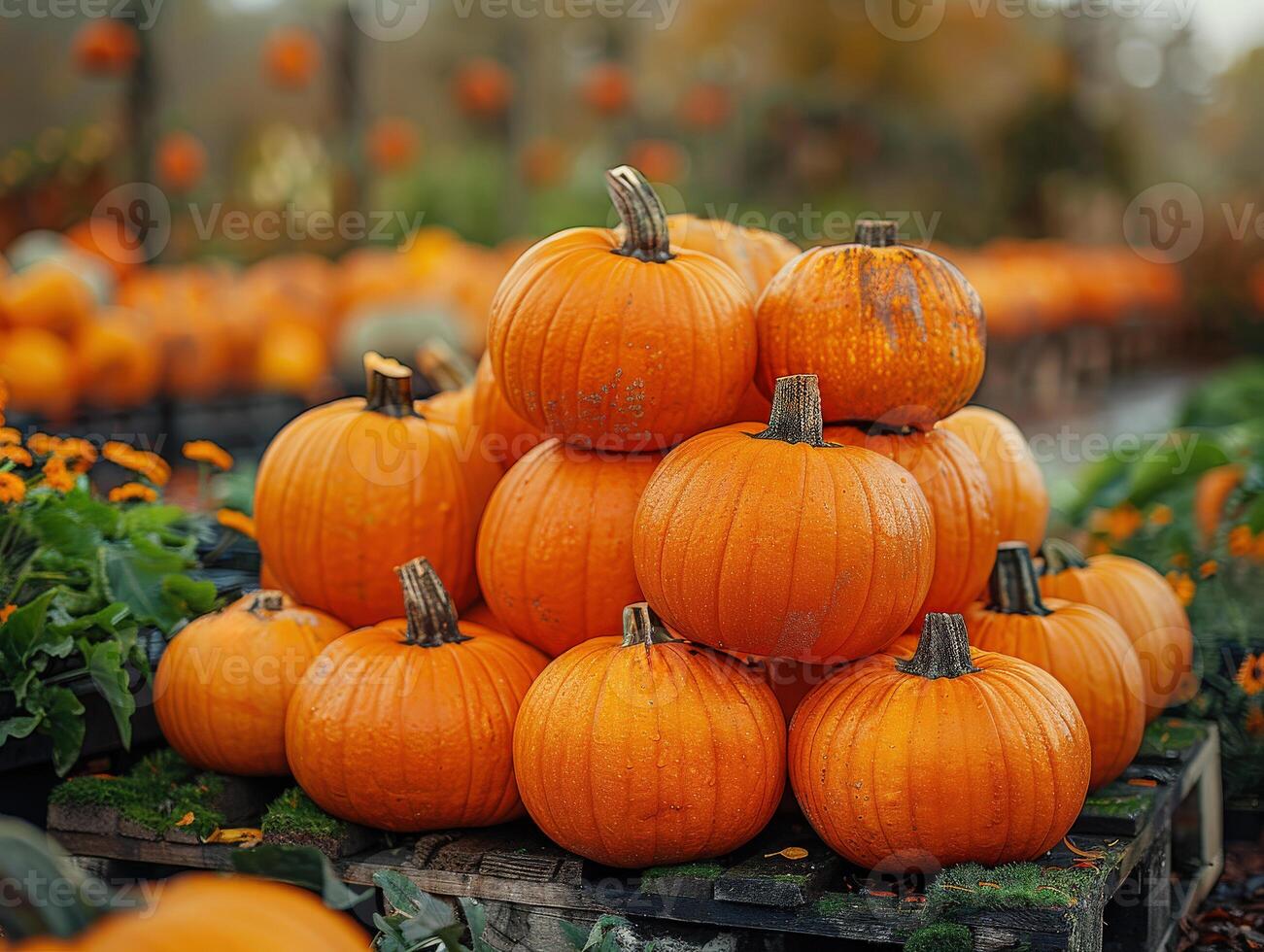 Large pile orange pumpkins stacked together, background blurred to highlight detailed textures photo
