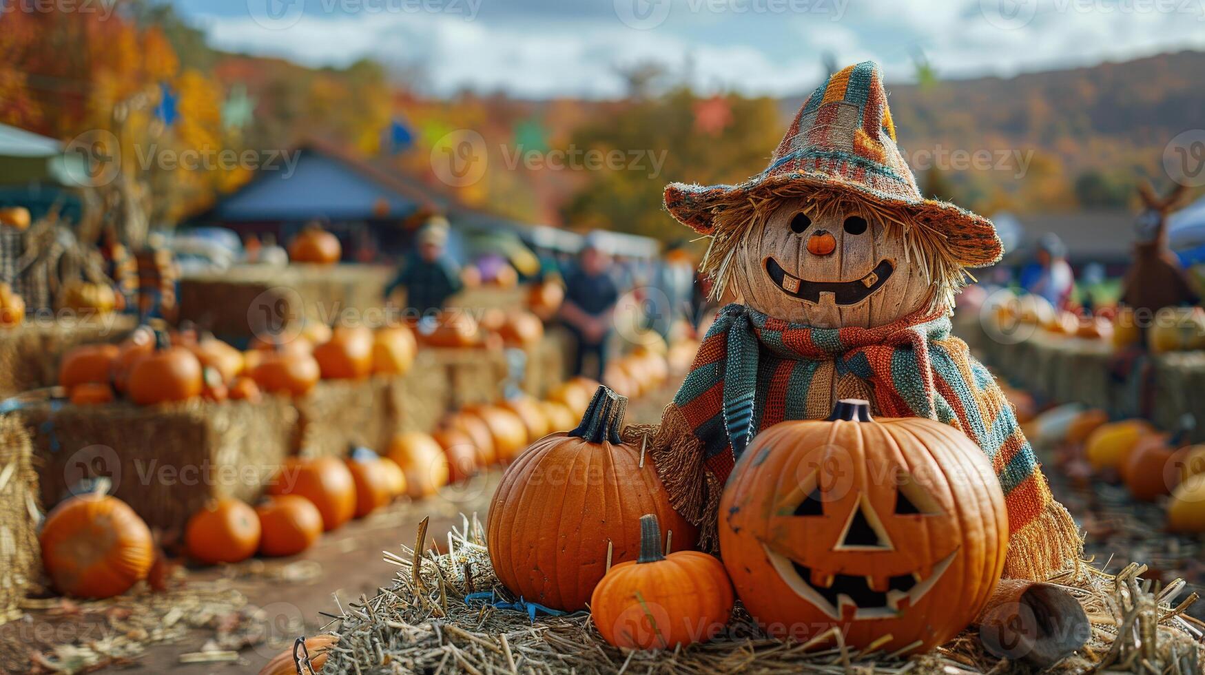 Farm pumpkins, hay bales scarecrows preparing for fall festival. Clear blue sky autumn landscape photo