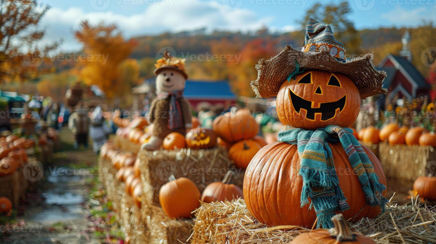 Farm pumpkins, hay bales scarecrows preparing for fall festival. Clear blue sky autumn landscape photo