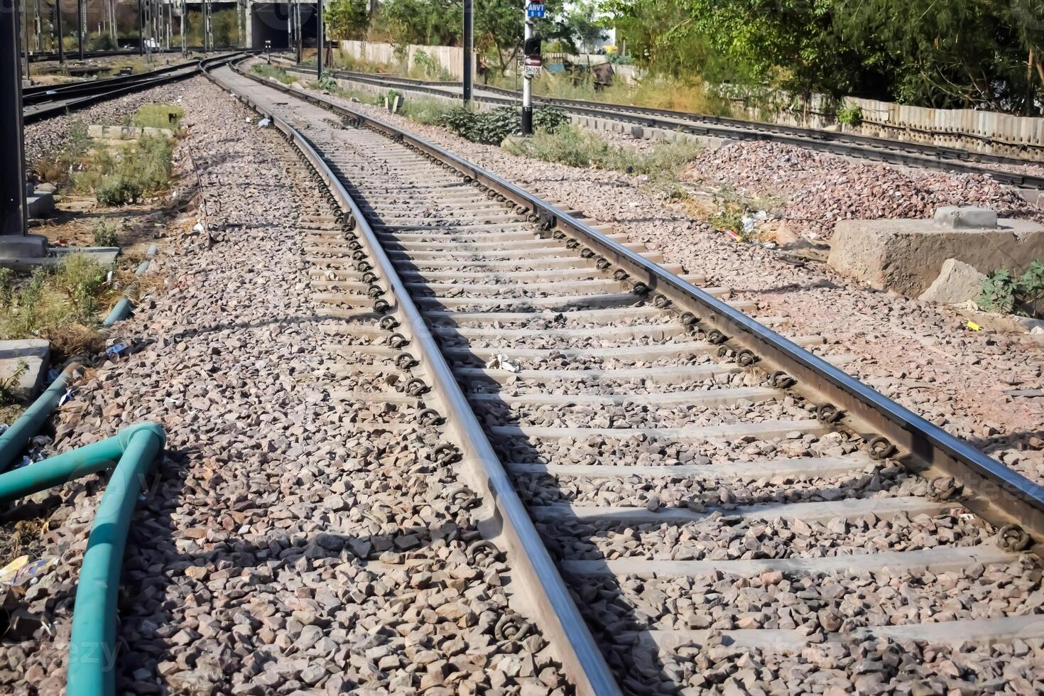 View of train Railway Tracks from the middle during daytime at Amritsar railway station in India, Train railway track view, Indian Railway junction, Heavy industry photo