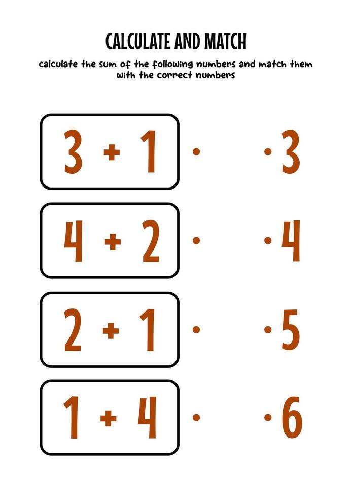 learn addition with simple numbers, match with the correct numbers, worksheets for kids vector