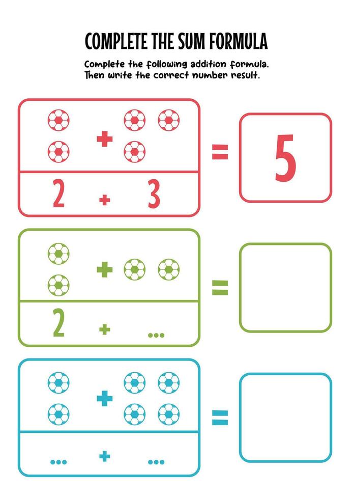 Children's worksheets for learning simple addition with colorful ball illustrations vector