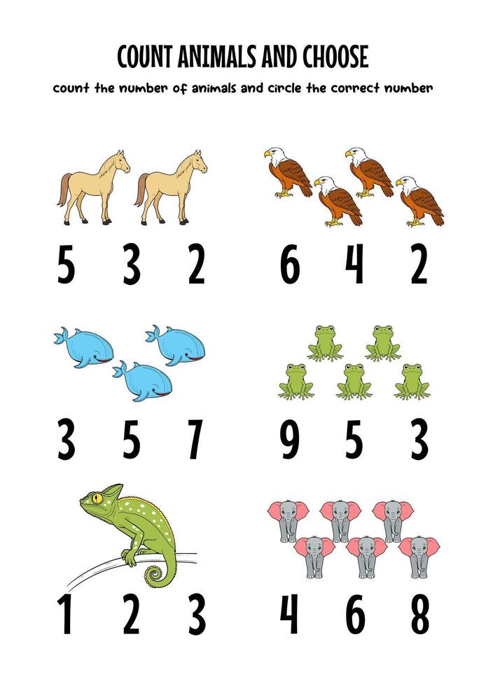 worksheets for kids, counting animals, choosing the right number vector