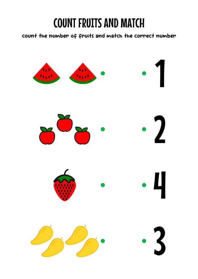 counting the number of fruits, matching with the correct number, worksheet for kids vector