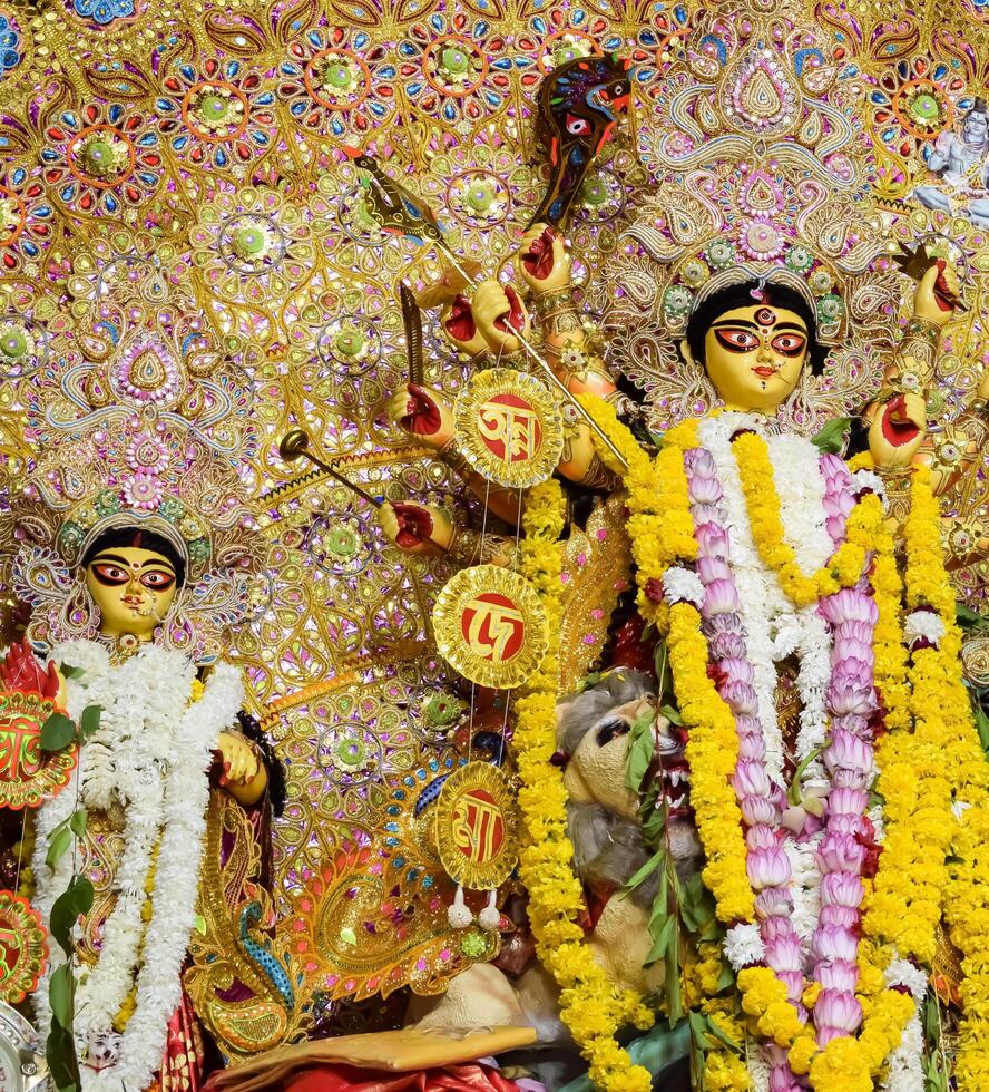 Delhi, India, October 02,2023 - Goddess Durga with traditional look in close up view in Jhilmil Colony Delhi, Durga Puja Idol, A biggest Hindu festival in India photo