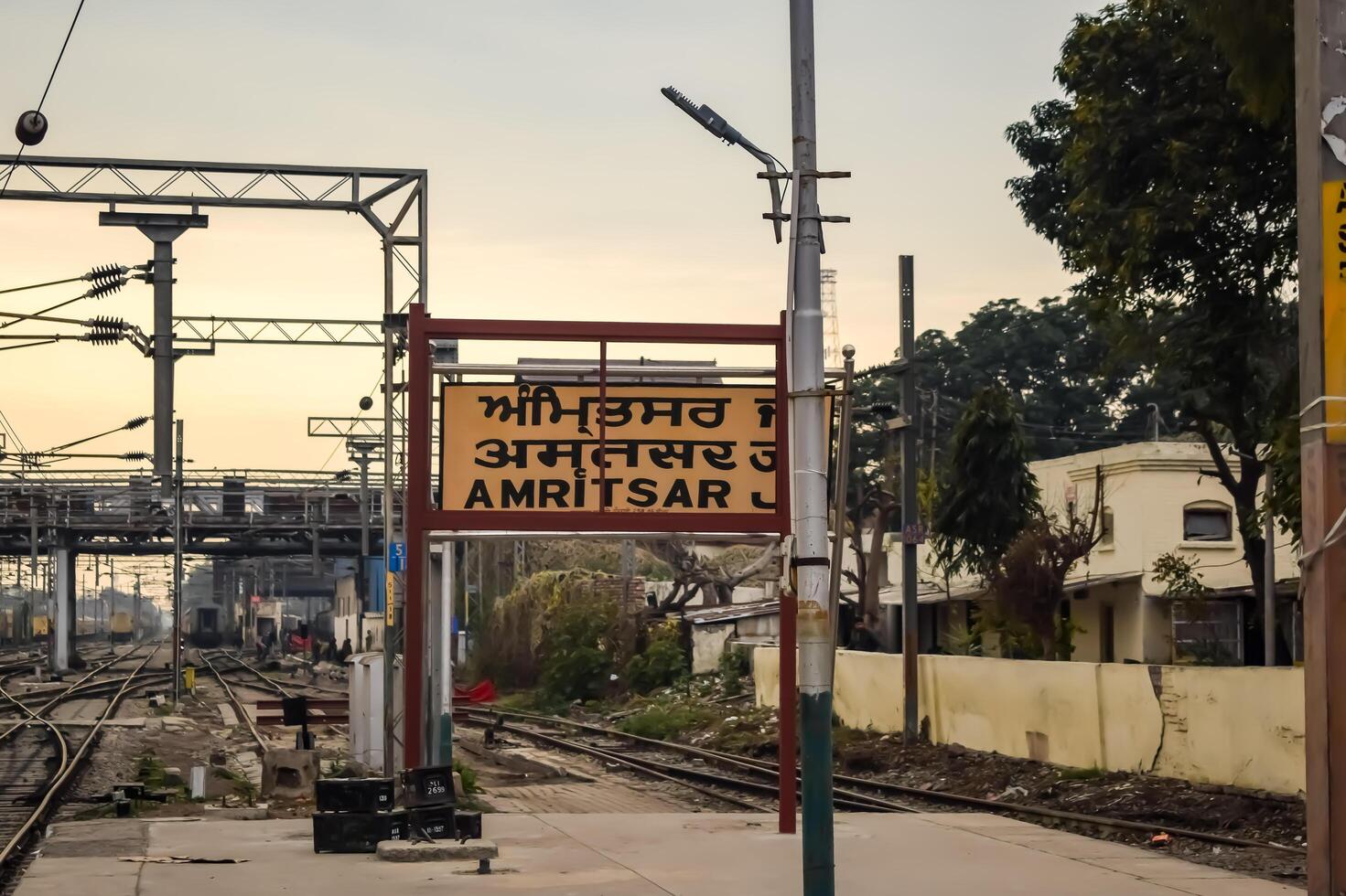 Amritsar, India, June 03 2024 - Amritsar railway station platform during morning time, Amritsar Railway station banner at Amritsar, Punjab railway station photo