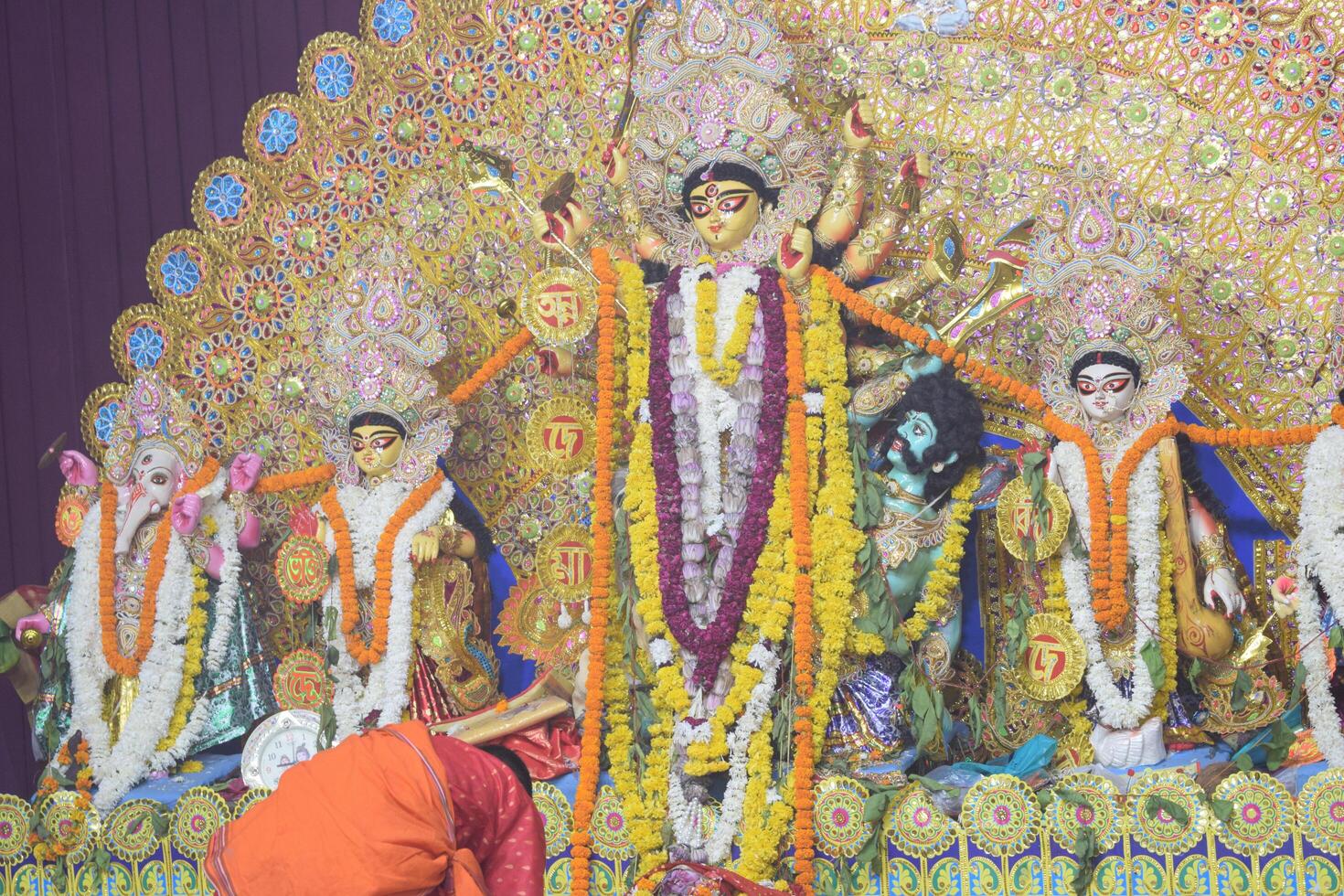 Delhi, India, October 02,2023 - Goddess Durga with traditional look in close up view in Jhilmil Colony Delhi, Durga Puja Idol, A biggest Hindu festival in India photo