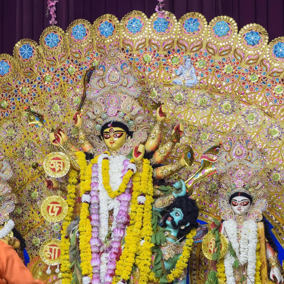 Delhi, India, October 02,2023 - Goddess Durga with traditional look in close up view in Jhilmil Colony Delhi, Durga Puja Idol, A biggest Hindu festival in India photo