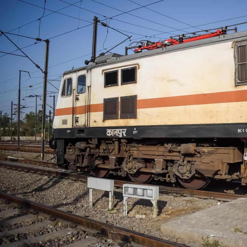 Delhi, India, June 09 2024 - Indian train electric locomotive engine at Anand Vihar railway station during the day time, Express train electrical locomotive engine photo
