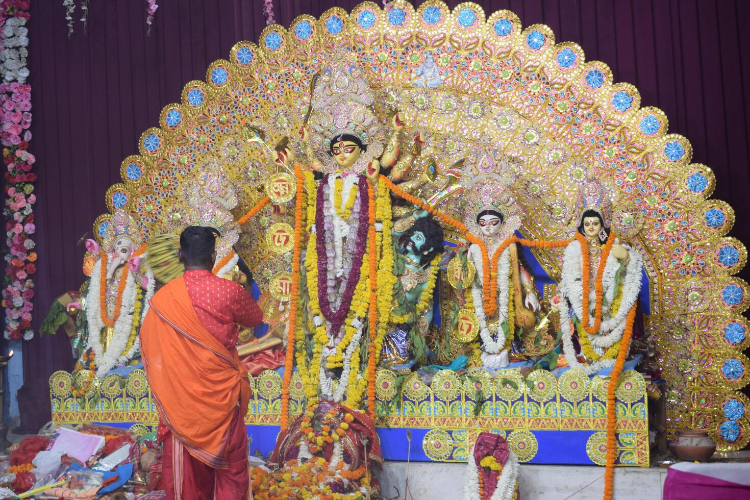 Delhi, India, October 02,2023 - Goddess Durga with traditional look in close up view in Jhilmil Colony Delhi, Durga Puja Idol, A biggest Hindu festival in India photo