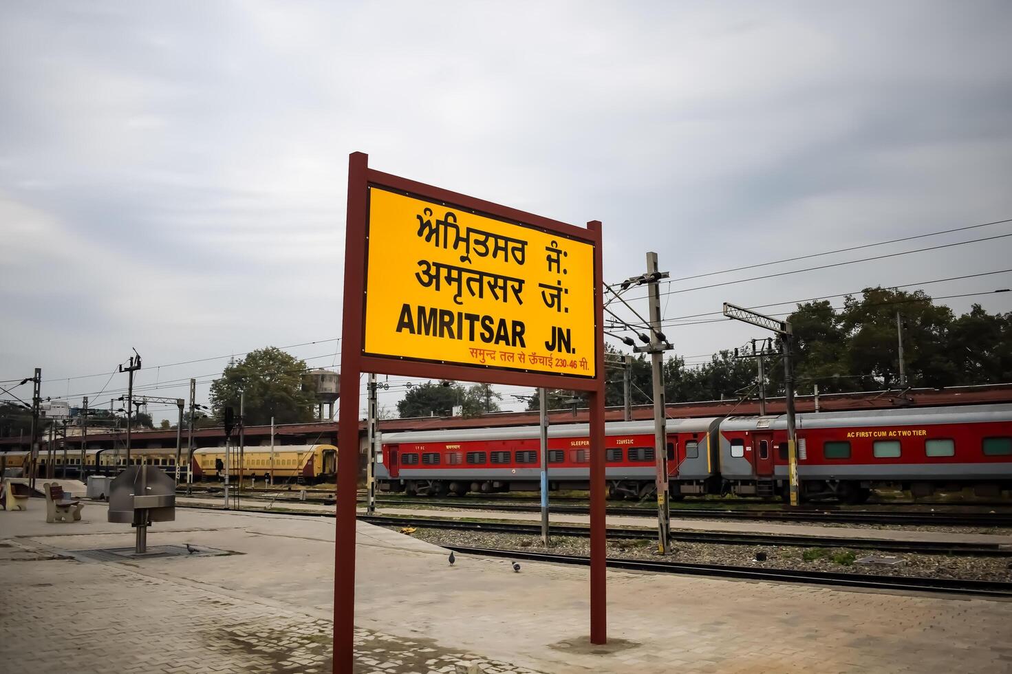 Amritsar, India, June 03 2024 - Amritsar railway station platform during morning time, Amritsar Railway station banner at Amritsar, Punjab railway station photo