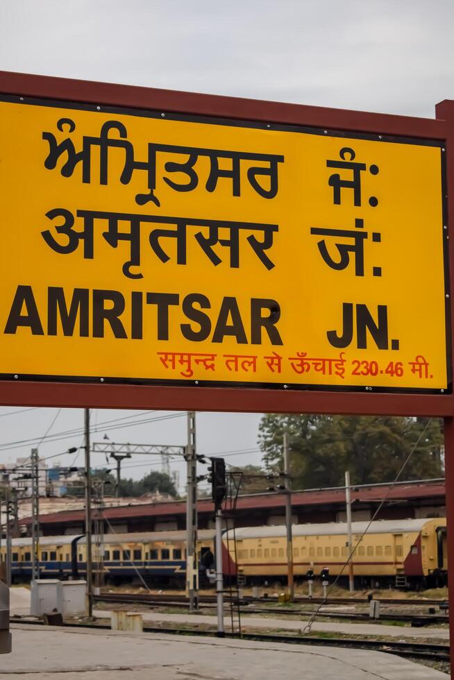 Amritsar, India, June 03 2024 - Amritsar railway station platform during morning time, Amritsar Railway station banner at Amritsar, Punjab railway station photo