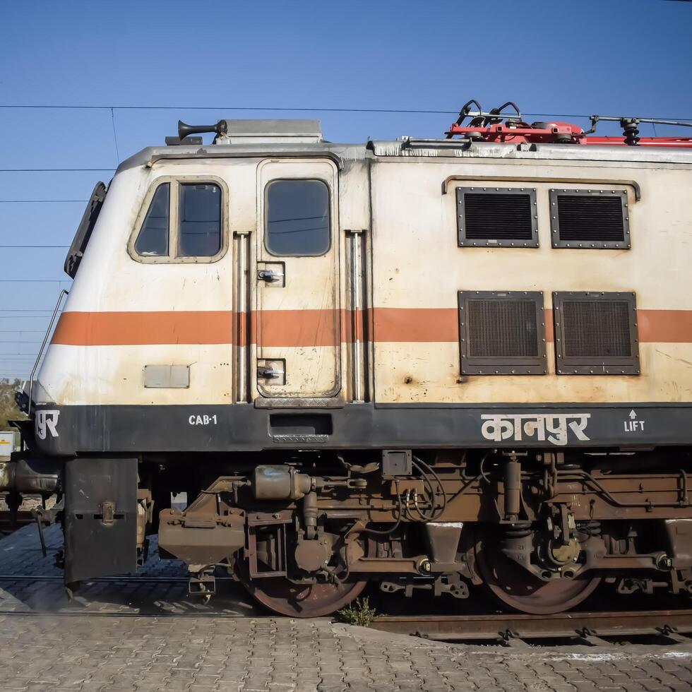Delhi, India, June 09 2024 - Indian train electric locomotive engine at Anand Vihar railway station during the day time, Express train electrical locomotive engine photo