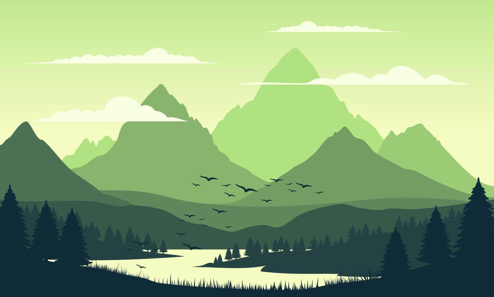 A green landscape with mountains and trees vector