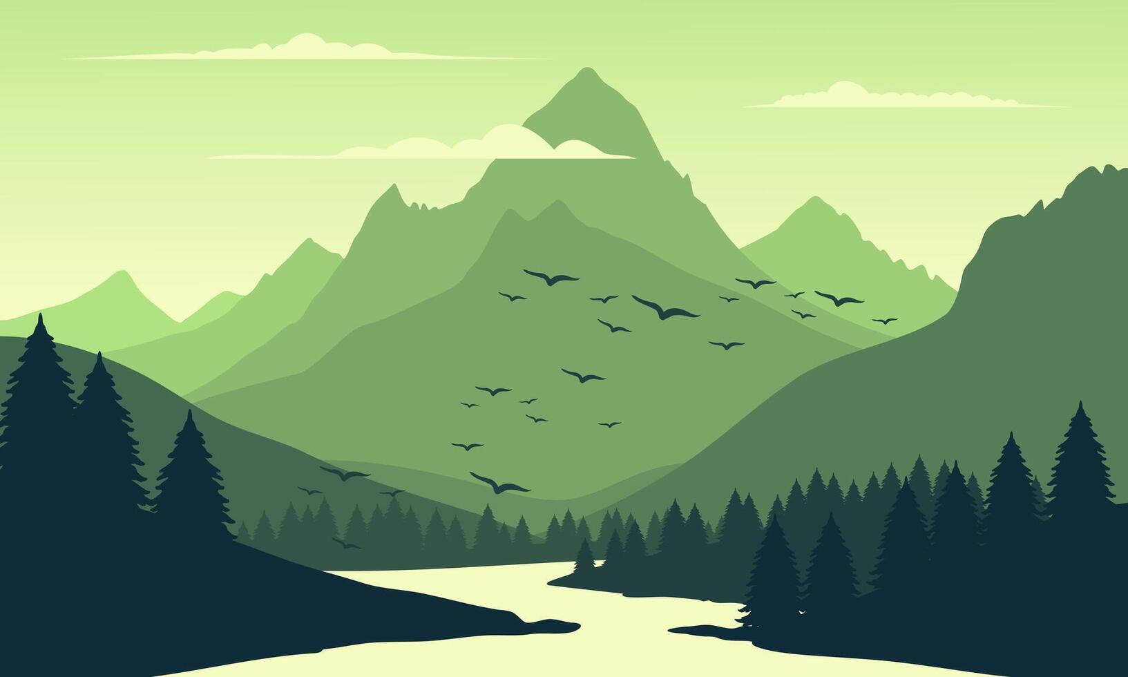 A mountain landscape with birds flying over the river vector