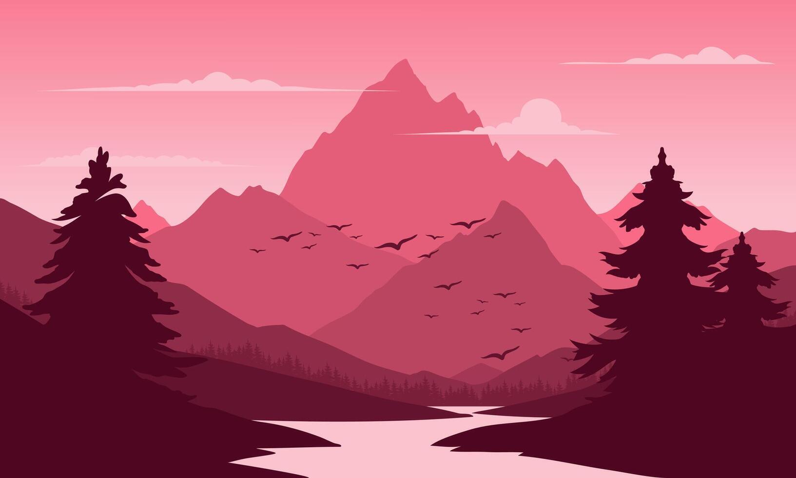 A pink background with mountains and trees vector