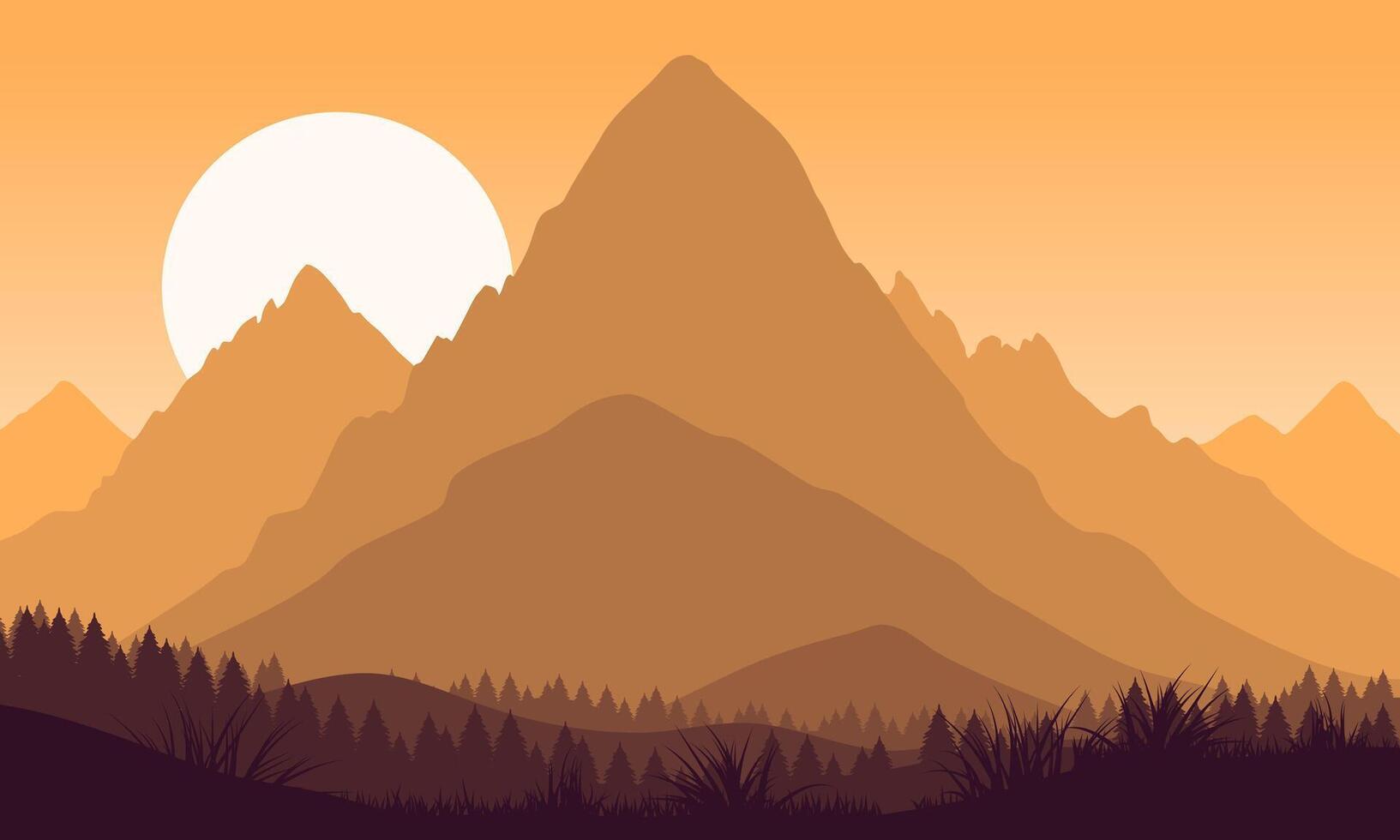 A mountain landscape with a sun setting behind it vector