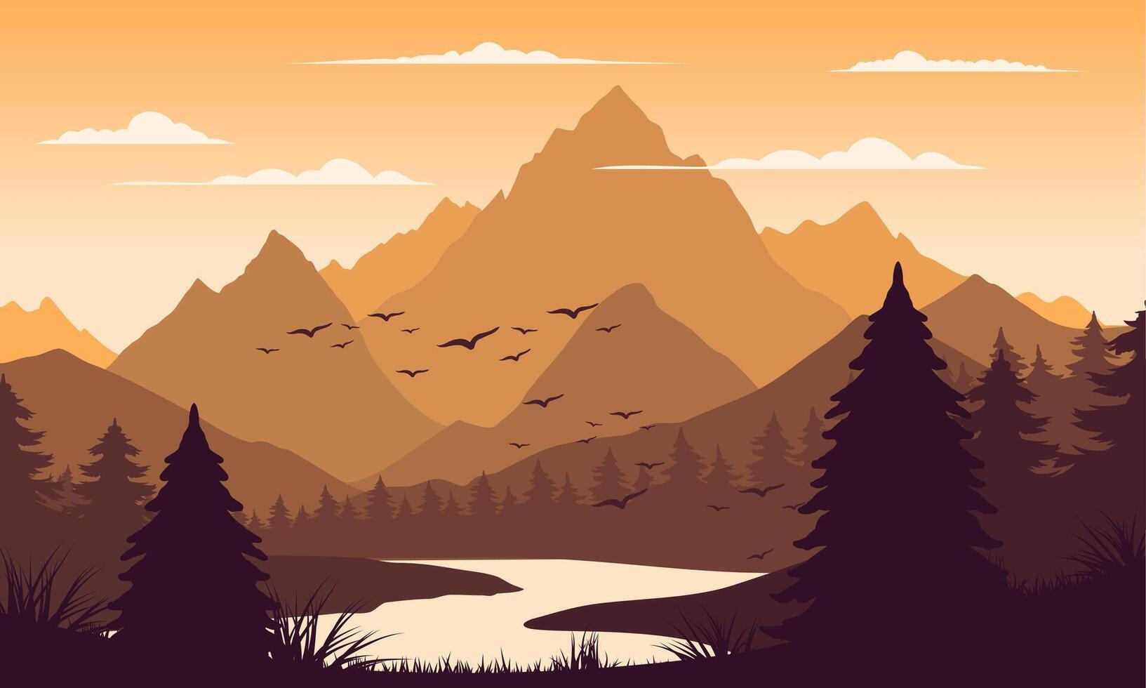 illustration of a mountain landscape with a river and birds vector