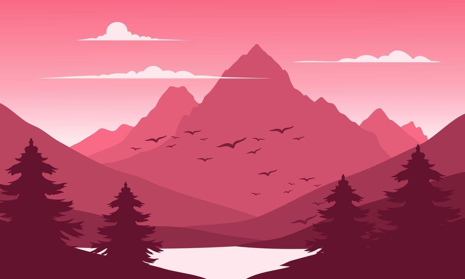 A pink mountain landscape with birds flying over it vector