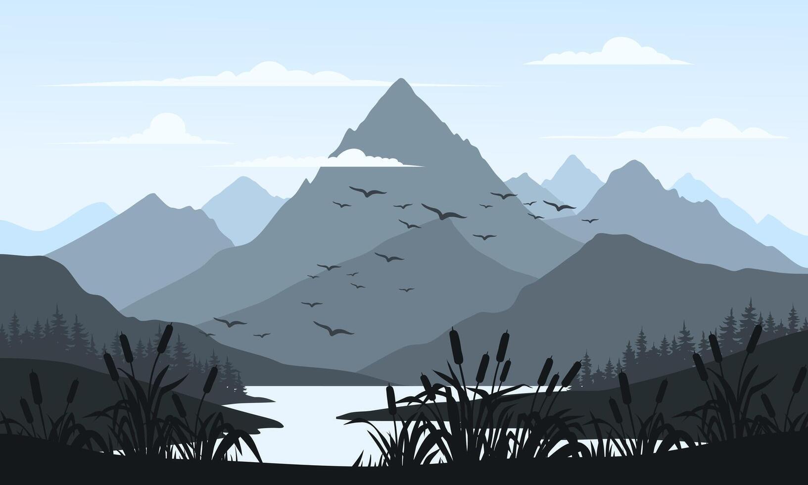 Mountain landscape with birds flying over the water vector