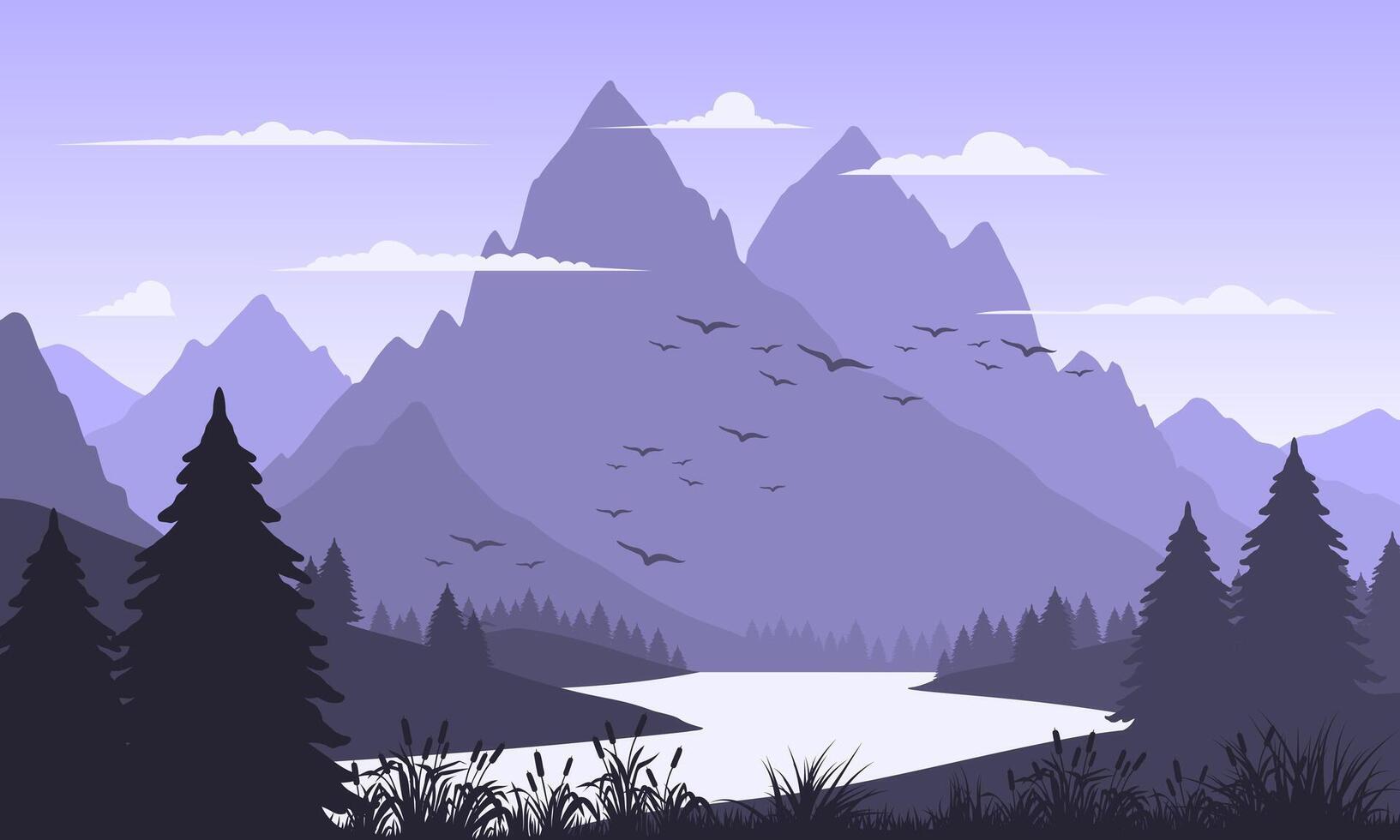 A mountain landscape with a river and birds vector