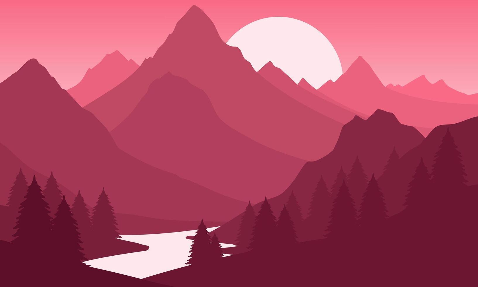 A pink background with mountains and trees vector