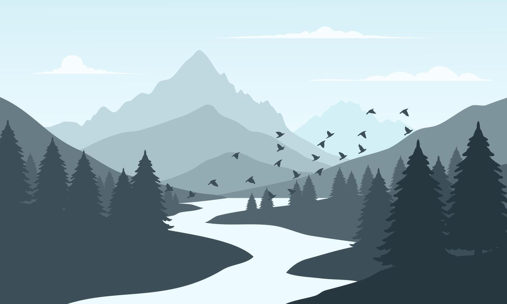 A mountain river with birds flying over it vector