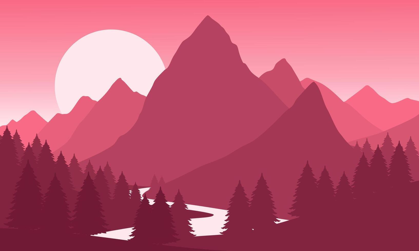 Orange mountain landscape with clear sky, sunset behind the mountains and silhouettes of trees and calm lake water vector