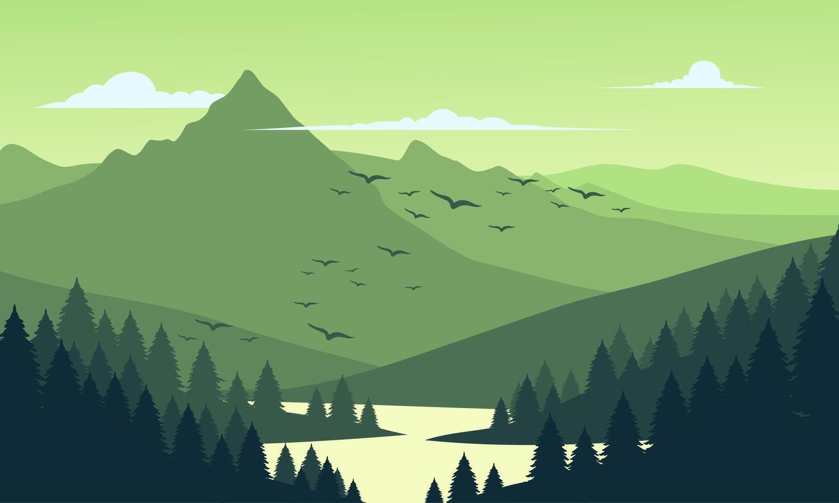 A green landscape with mountains and birds vector