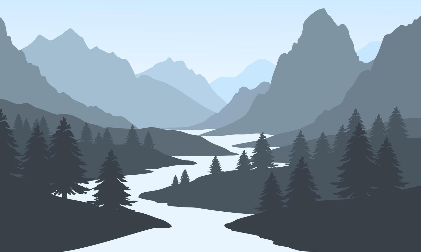 A river in the mountains with trees and mountains vector