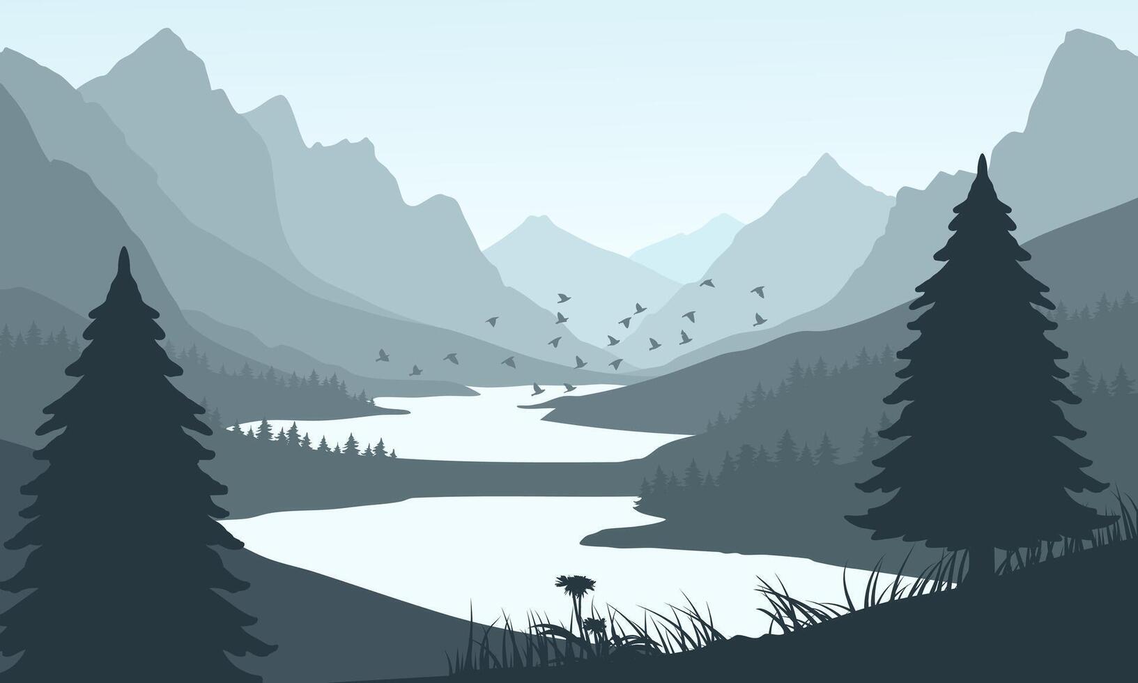 A mountain landscape with a river and trees vector