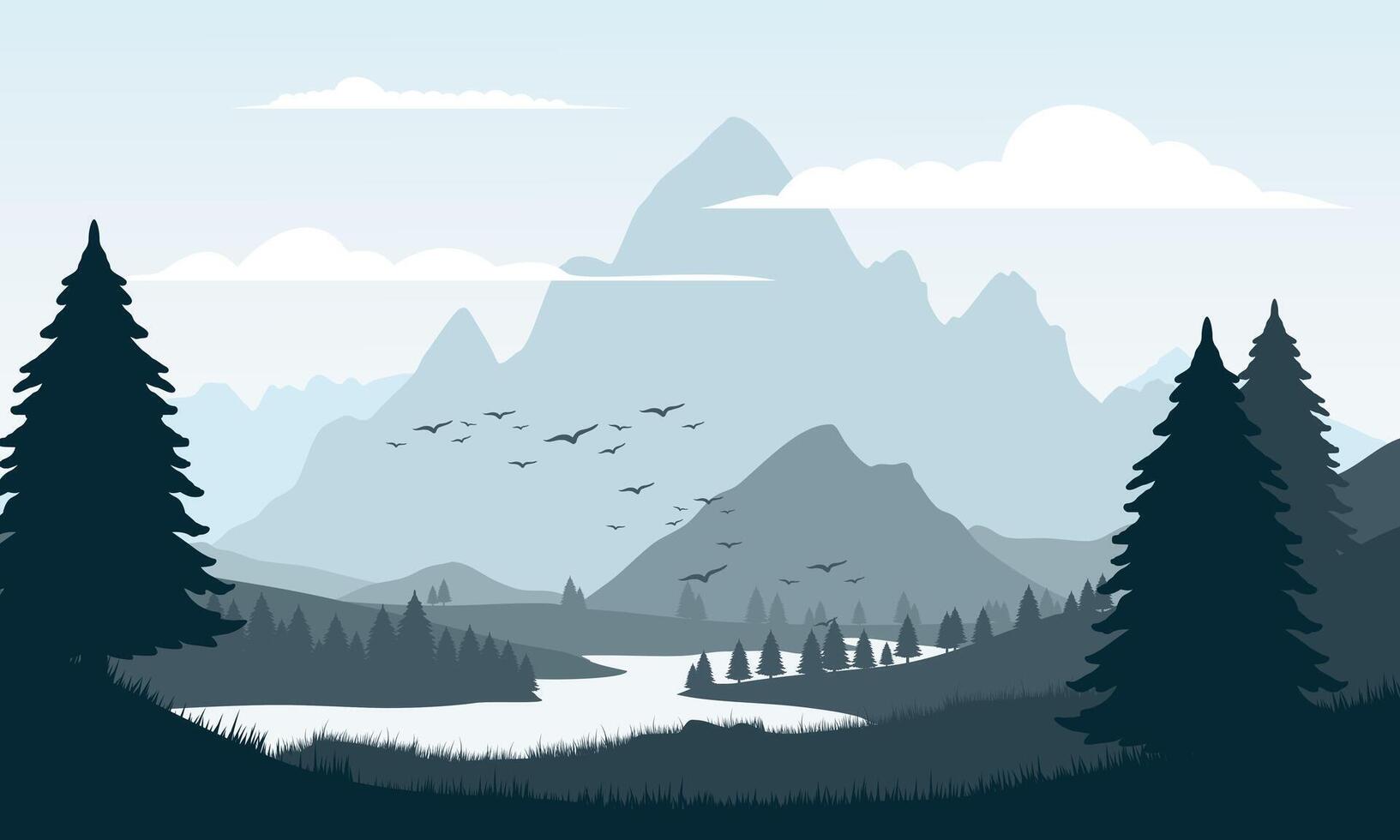 A mountain landscape with trees and birds vector