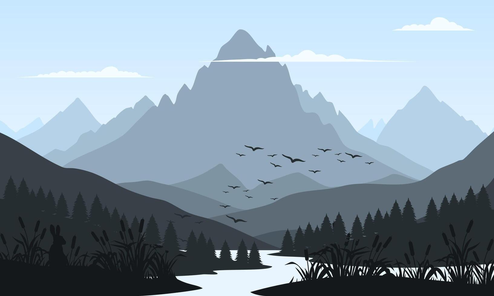 A mountain landscape with a river and birds vector