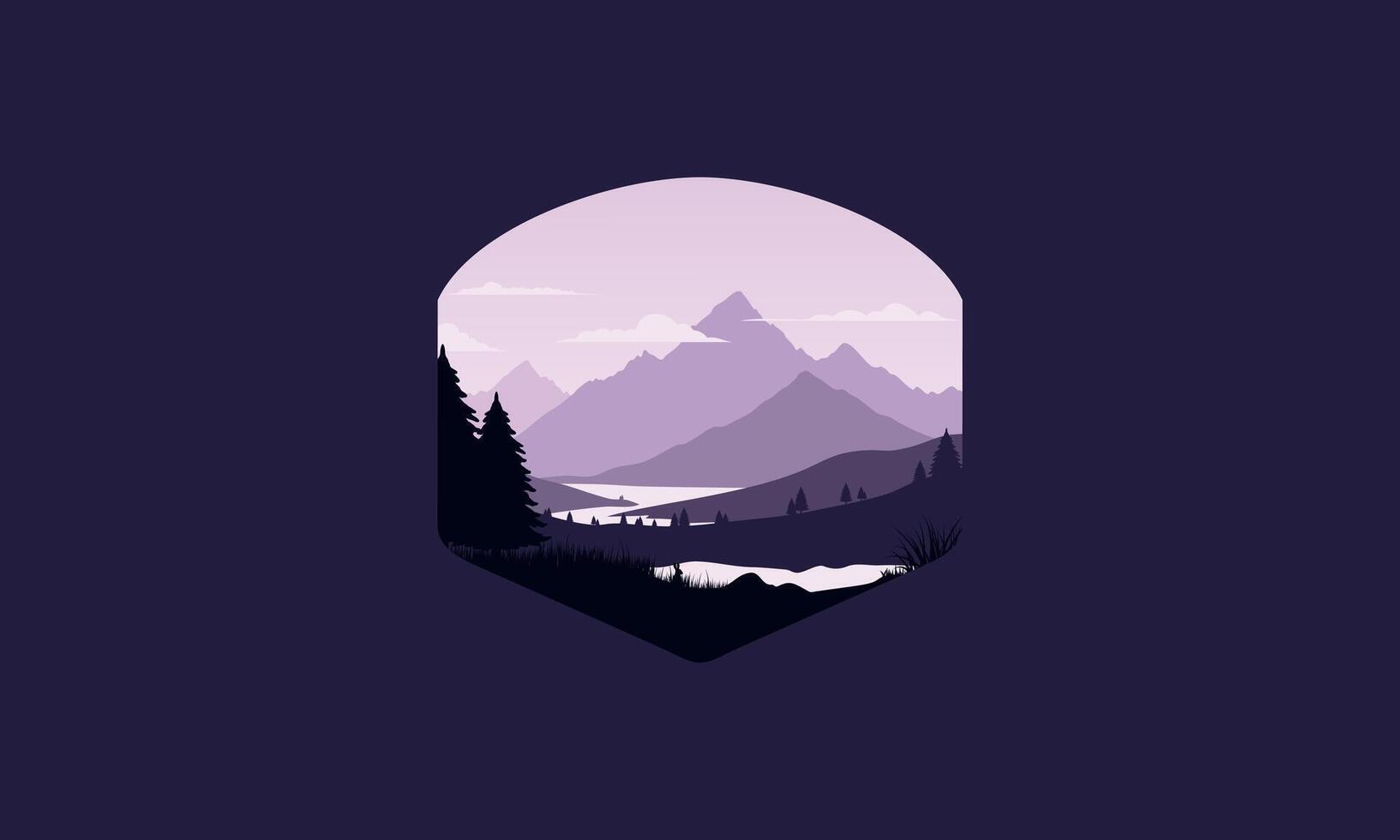 Landscape badge of mountains, calm river and silhouettes of pine trees vector