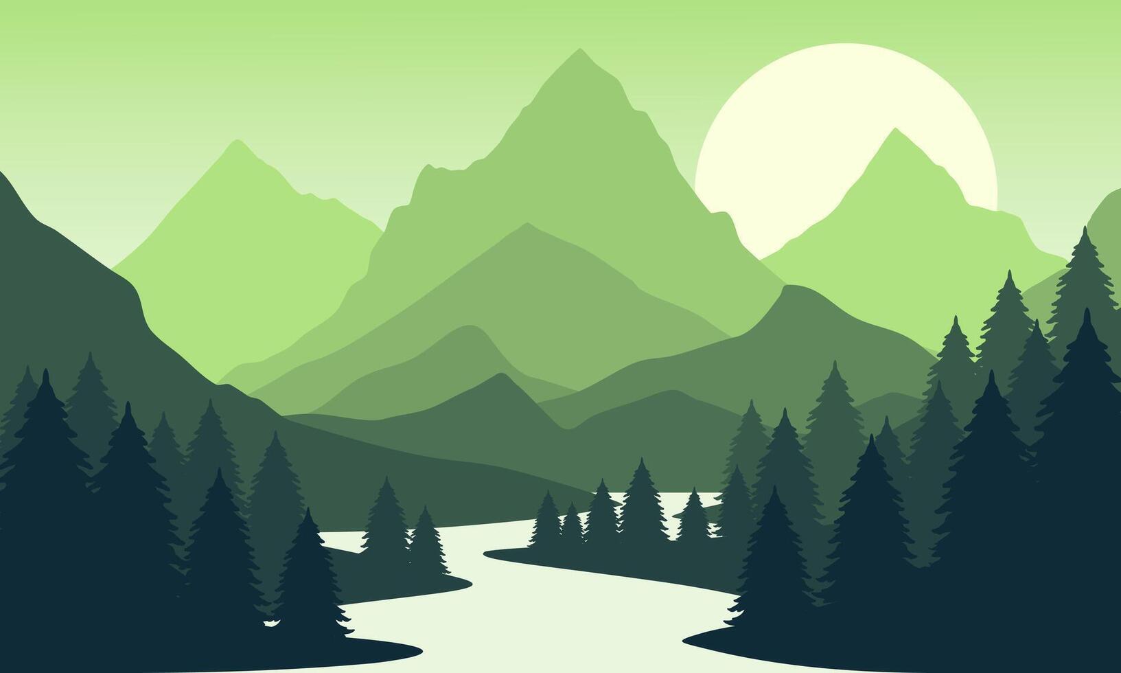 A green mountain landscape with trees and a river vector